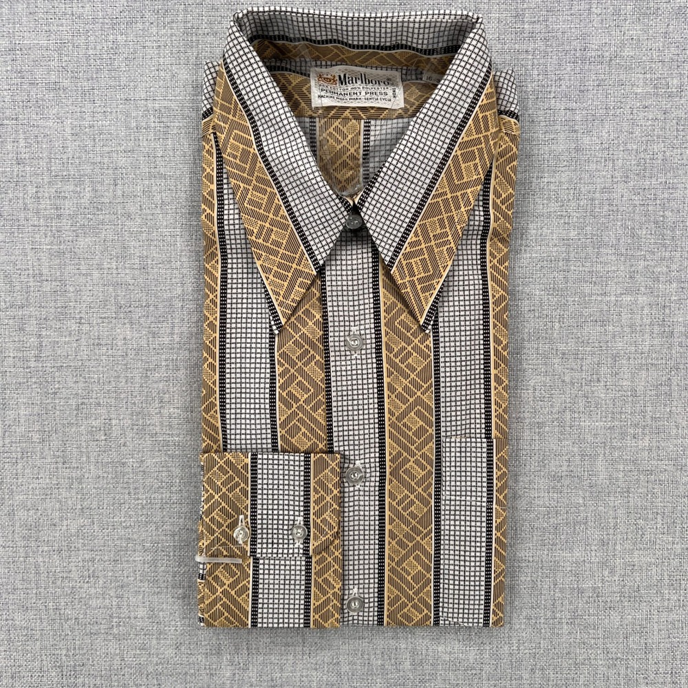 VTG 70s 80s Marlboro Western Shirt Geometric Stripe Men 16-32 Tan Cowboy NEW